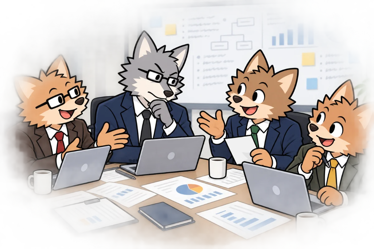 クライアント企業とウルフパックが一緒に改善を進めるイラスト