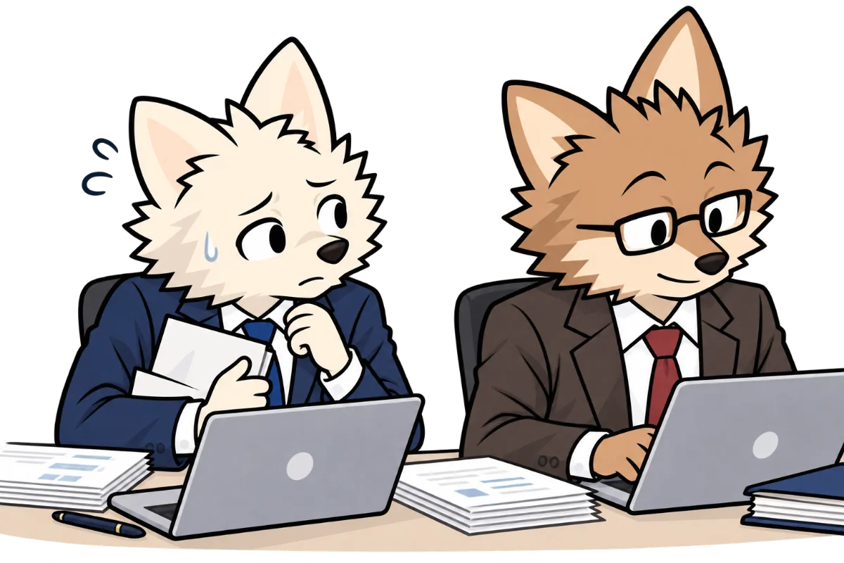 忙しそうな上司に声をかけられずにいる部下のイラスト